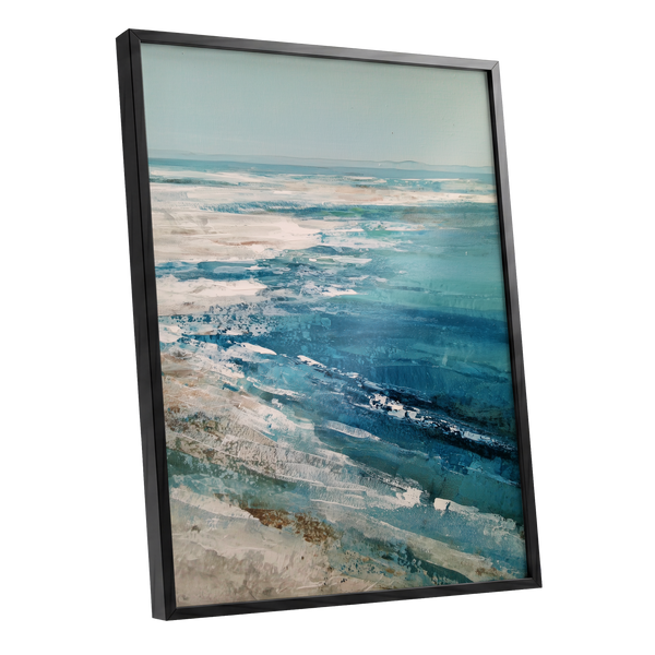 Tidal Stillness, blue, white, beige nature wall art shown as a black framed poster wall art print
