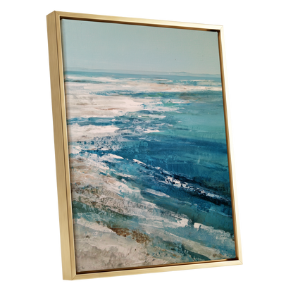 Tidal Stillness, blue, white, beige nature wall art shown as a gold framed canvas wall art