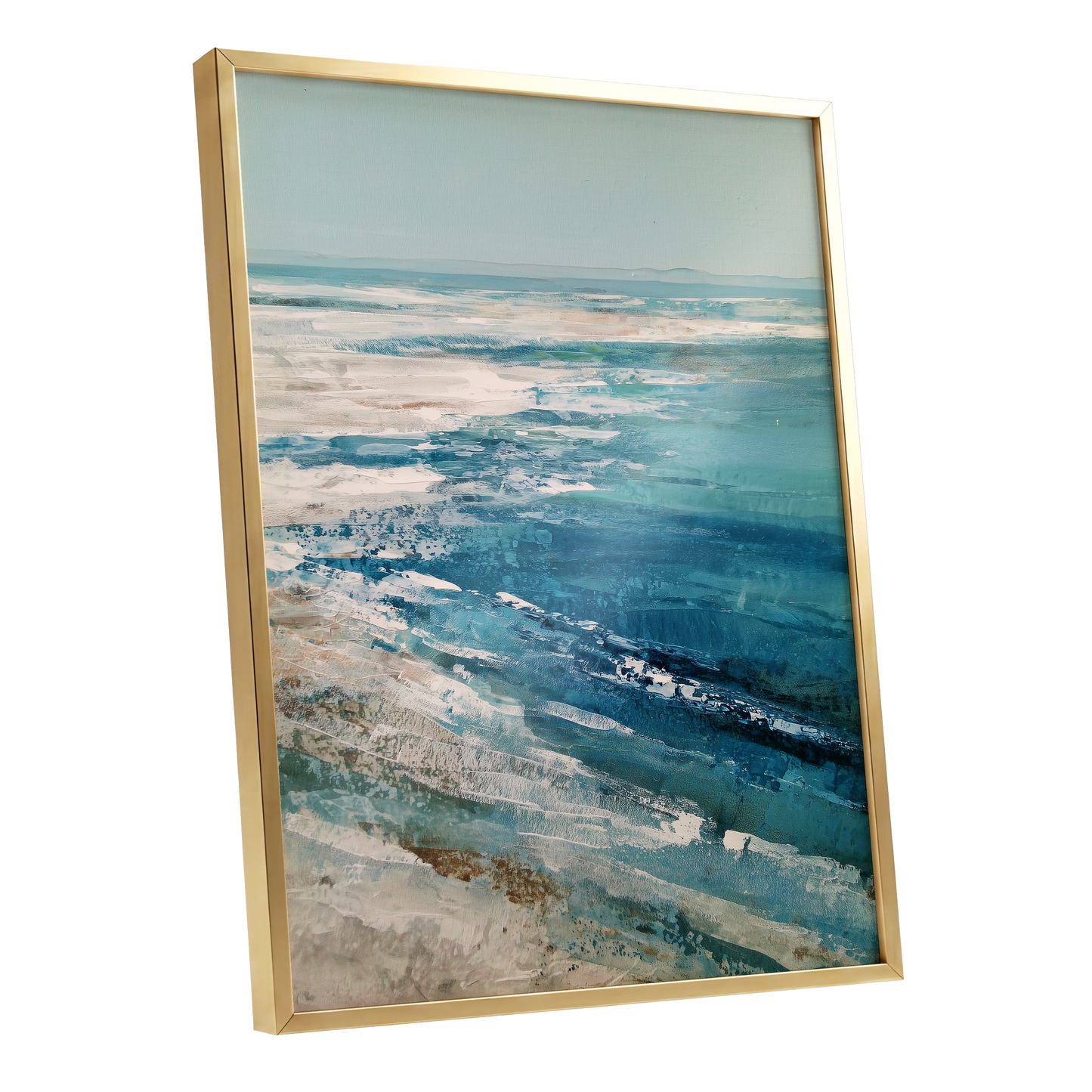 Tidal Stillness, blue, white, beige nature wall art shown as a gold framed poster wall art print