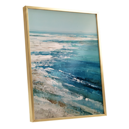 Tidal Stillness, blue, white, beige nature wall art shown as a gold framed poster wall art print