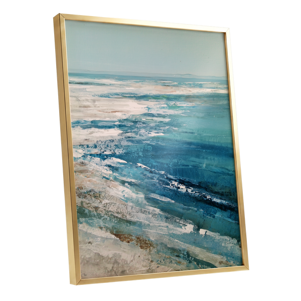 Tidal Stillness, blue, white, beige nature wall art shown as a gold framed poster wall art print