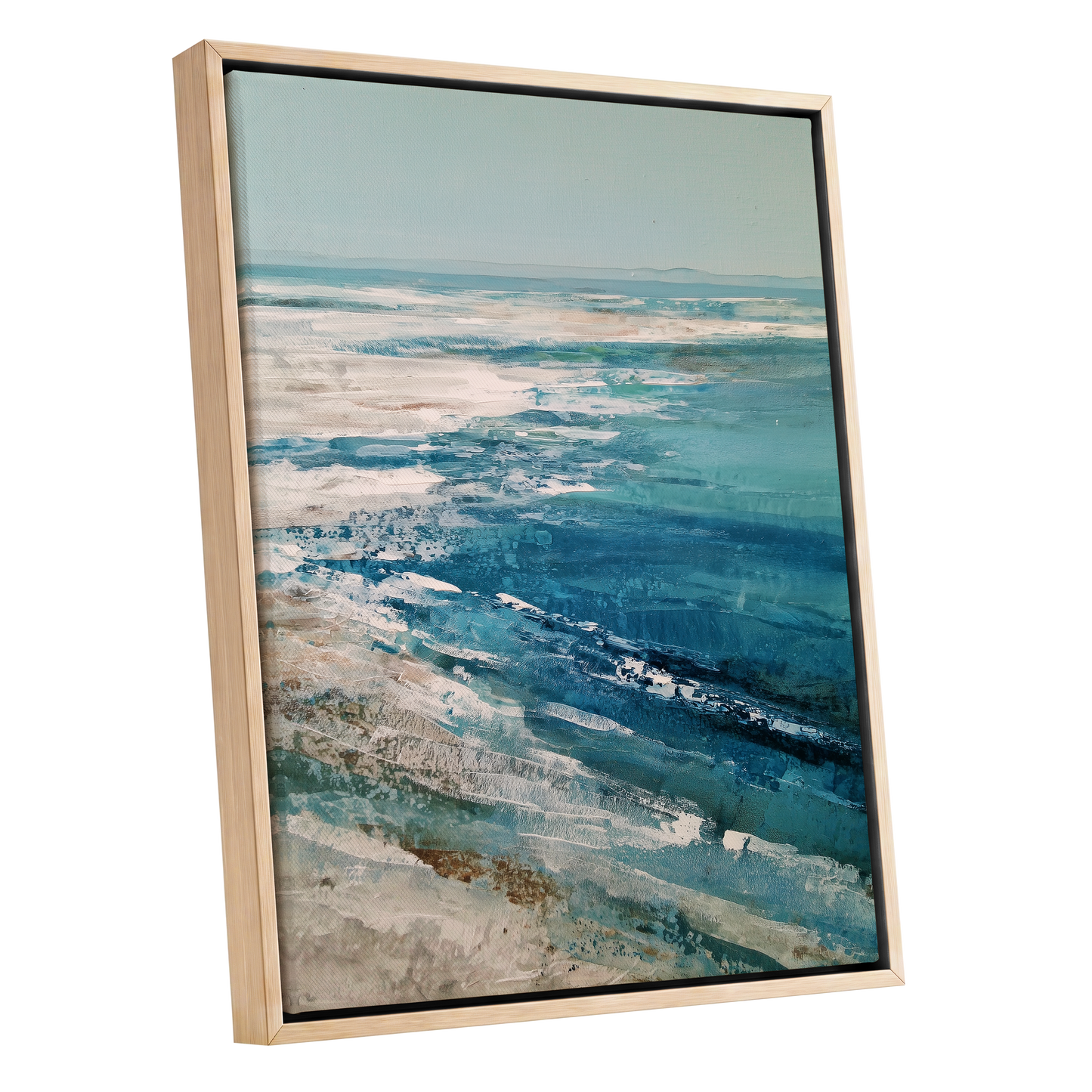 Tidal Stillness, blue, white, beige nature wall art shown as a oak framed canvas wall art