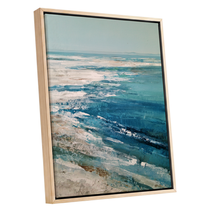Tidal Stillness, blue, white, beige nature wall art shown as a oak framed canvas wall art