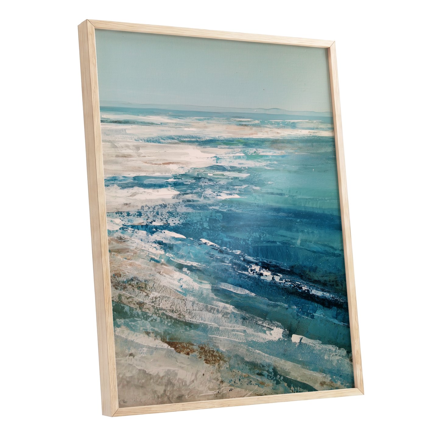 Tidal Stillness, blue, white, beige nature wall art shown as a oak framed poster wall art print