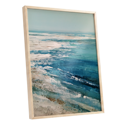 Tidal Stillness, blue, white, beige nature wall art shown as a oak framed poster wall art print