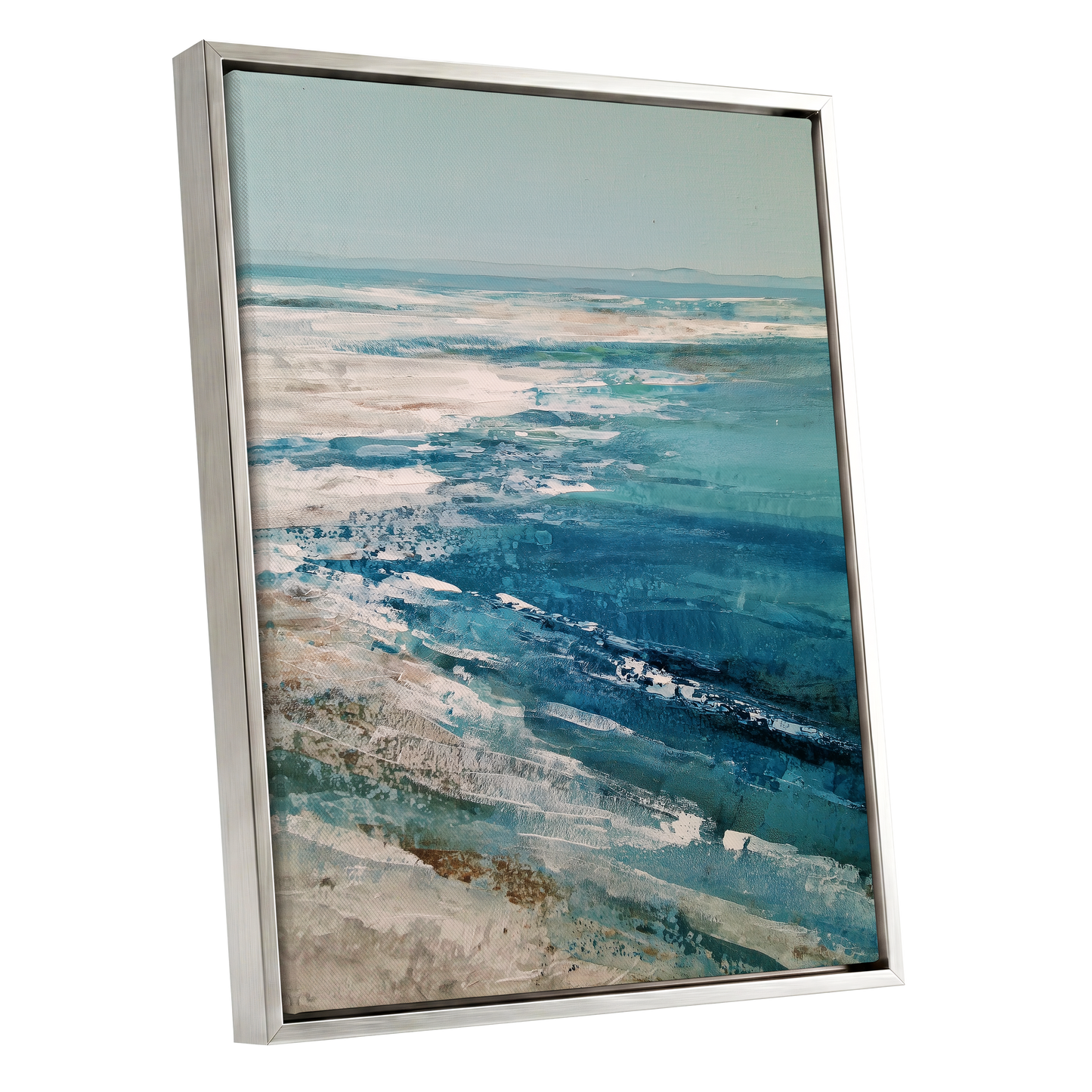 Tidal Stillness, blue, white, beige nature wall art shown as a silver framed canvas wall art