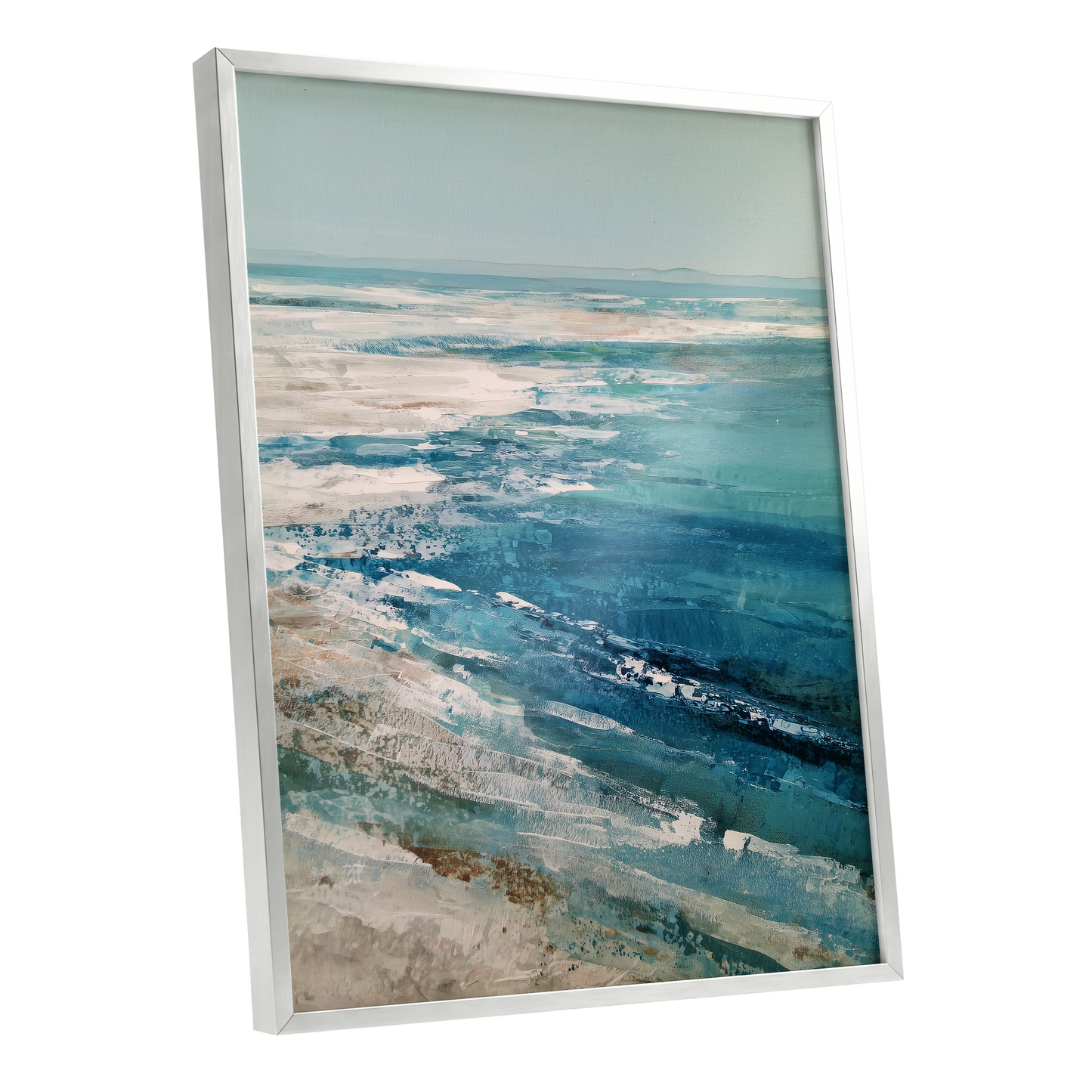 Tidal Stillness, blue, white, beige nature wall art shown as a silver framed poster wall art print