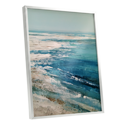 Tidal Stillness, blue, white, beige nature wall art shown as a silver framed poster wall art print