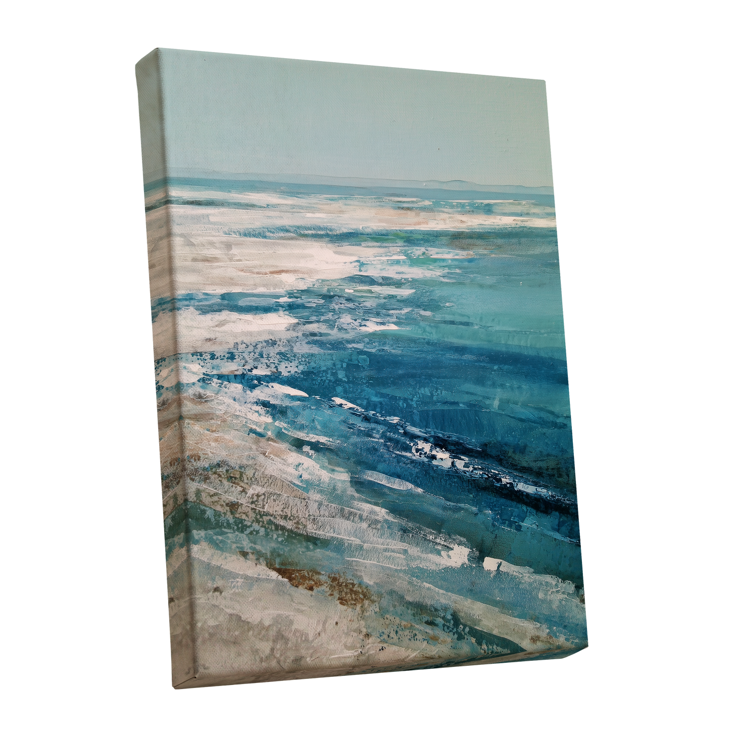 Tidal Stillness, blue, white, beige nature wall art shown as a stretched canvas wall art