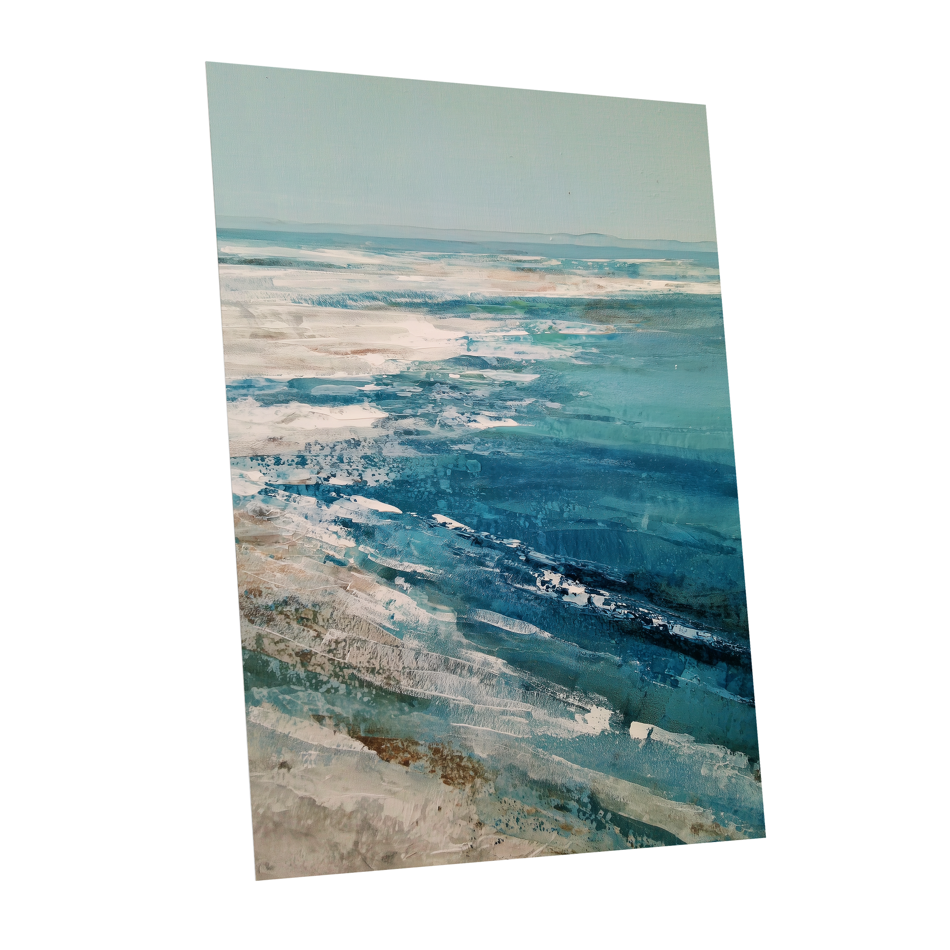 Tidal Stillness, blue, white, beige nature wall art shown as a unframed poster wall art print