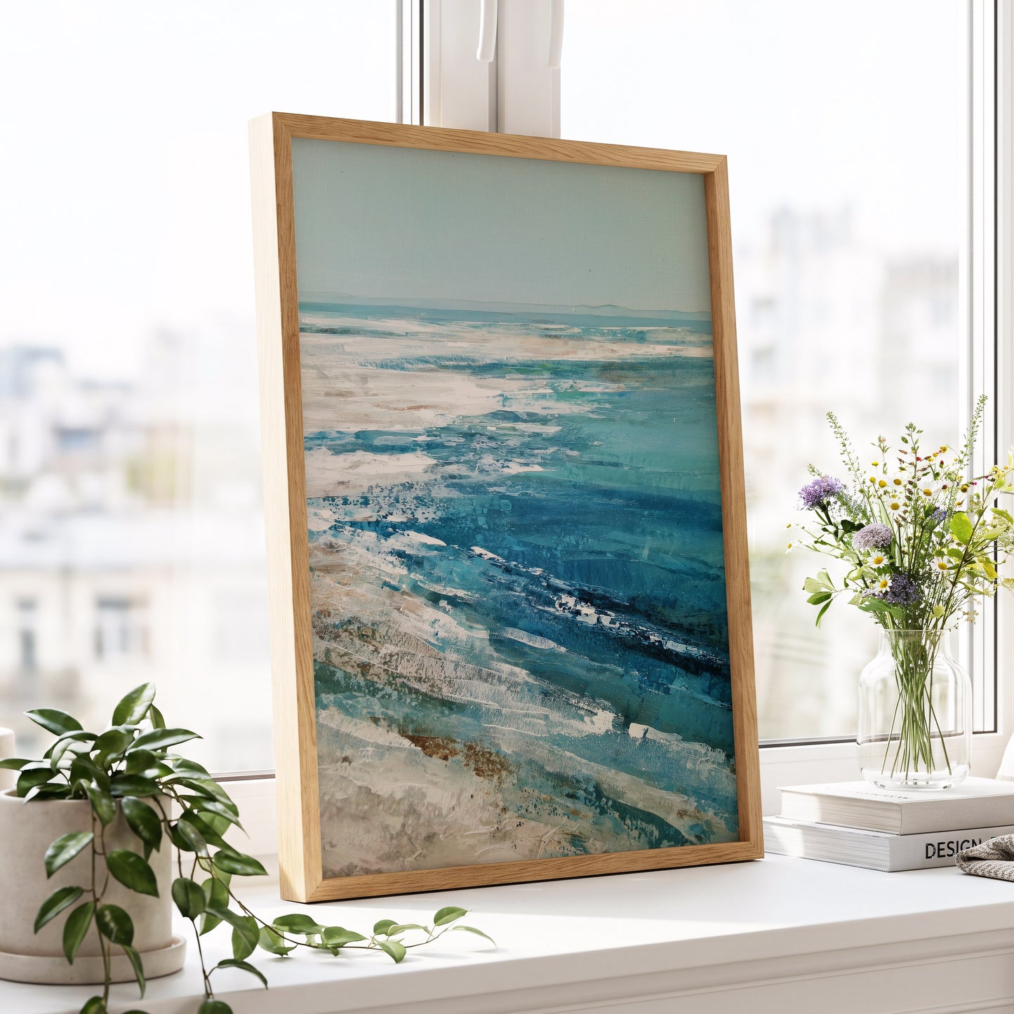 Tidal Stillness, blue, white, beige nature wall art displayed in a styled interior, gallery view 2