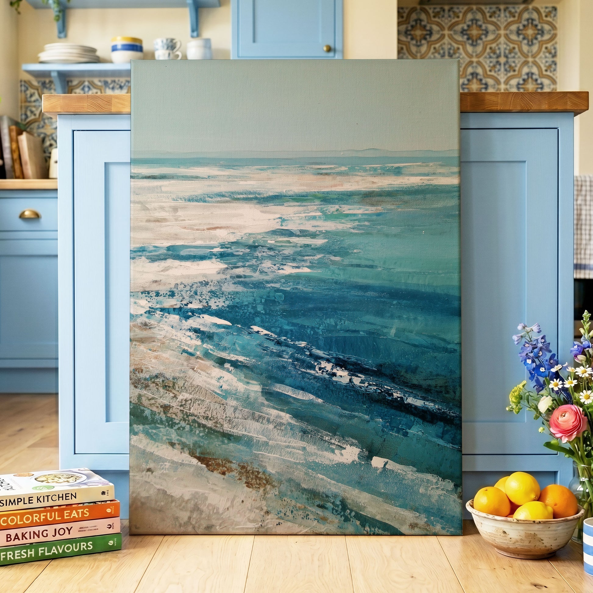 Tidal Stillness, blue, white, beige nature wall art displayed in a styled interior, gallery view 3