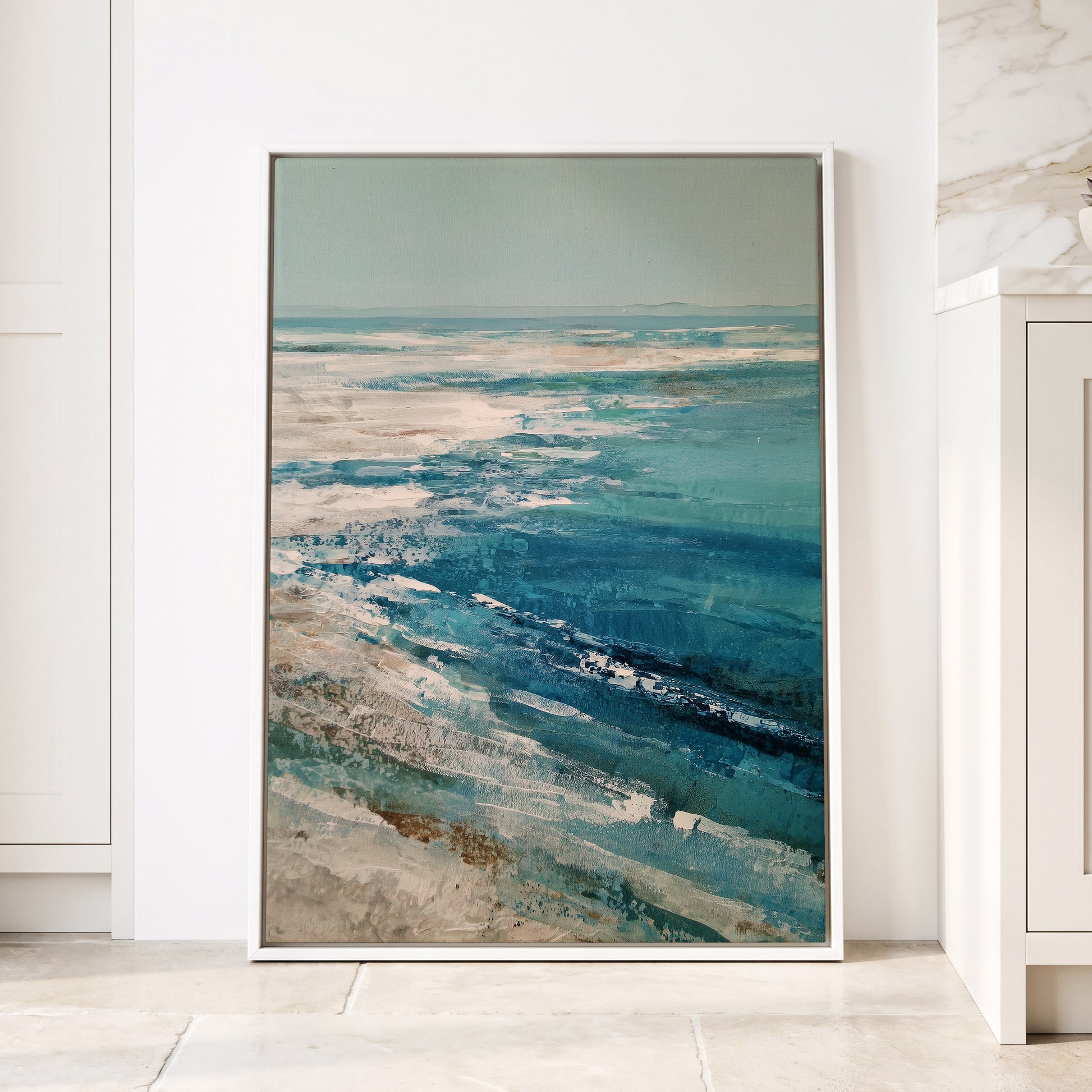 Tidal Stillness, blue, white, beige nature wall art displayed in a styled interior, gallery view 4