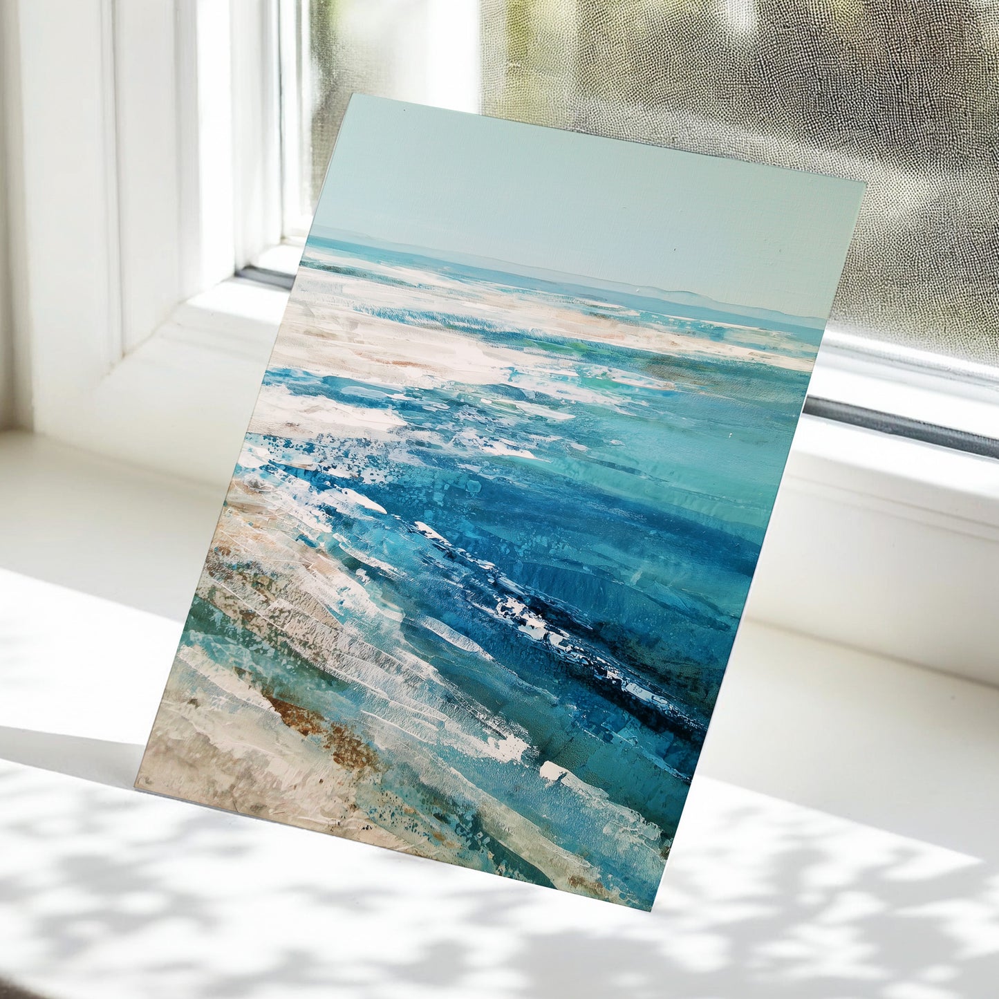 Tidal Stillness, blue, white, beige nature wall art displayed in a styled interior, gallery view 5