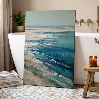 Tidal Stillness, blue, white, beige nature wall art displayed in a styled interior, gallery view 7