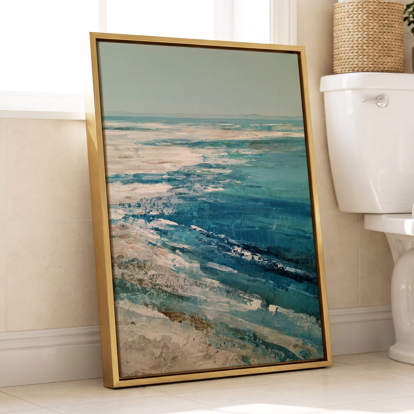 Tidal Stillness, blue, white, beige nature wall art displayed in a styled interior, gallery view 8