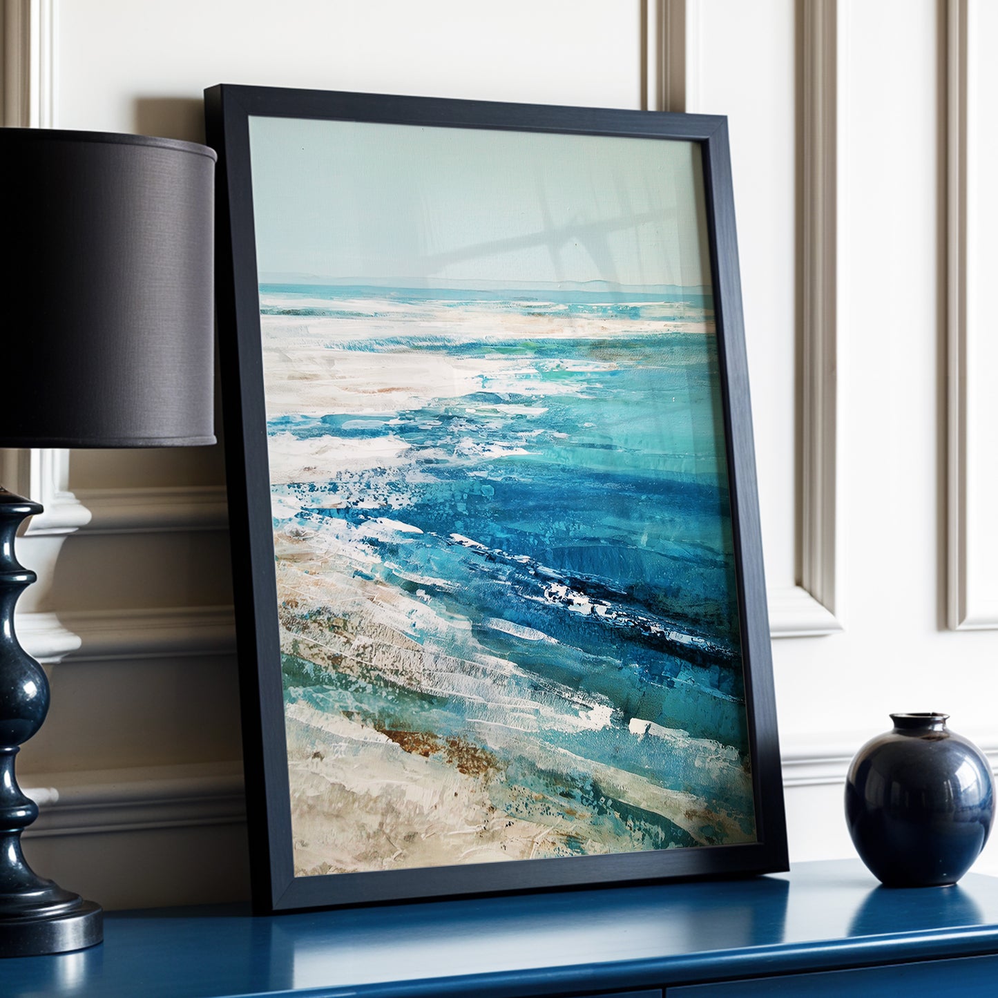 Tidal Stillness, blue, white, beige nature wall art displayed in a styled interior, gallery view 9