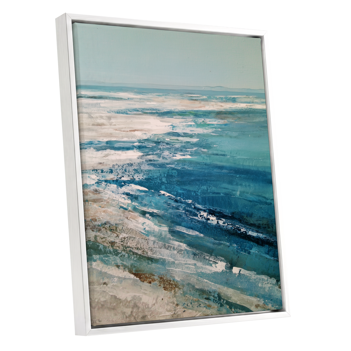 Tidal Stillness, blue, white, beige nature wall art shown as a white framed canvas wall art