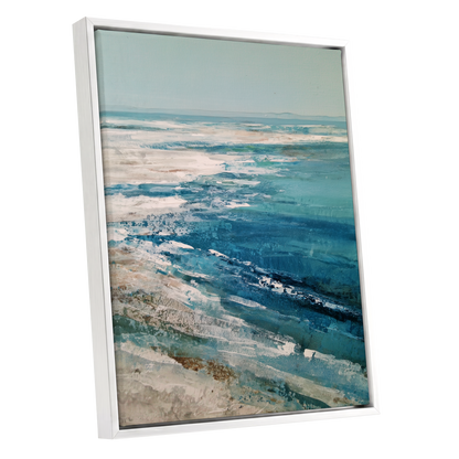 Tidal Stillness, blue, white, beige nature wall art shown as a white framed canvas wall art