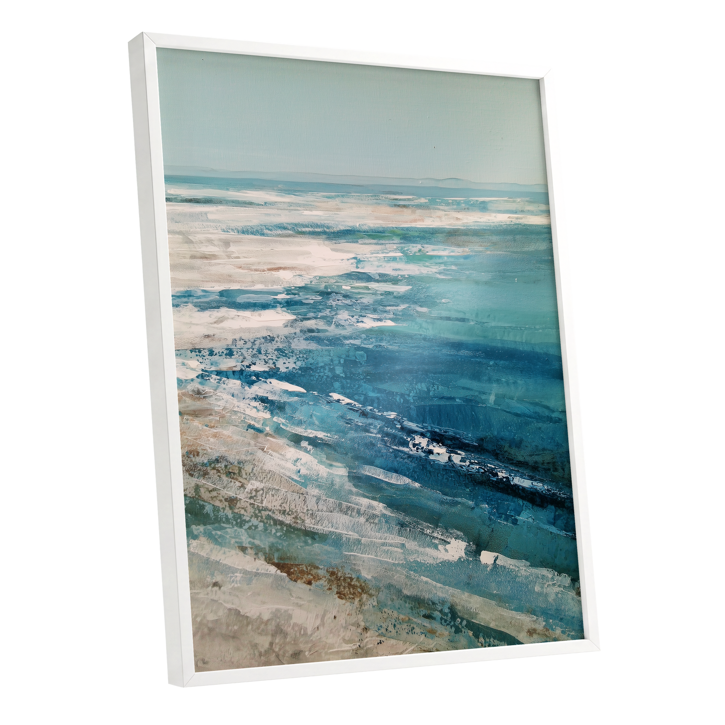 Tidal Stillness, blue, white, beige nature wall art shown as a white framed poster wall art print