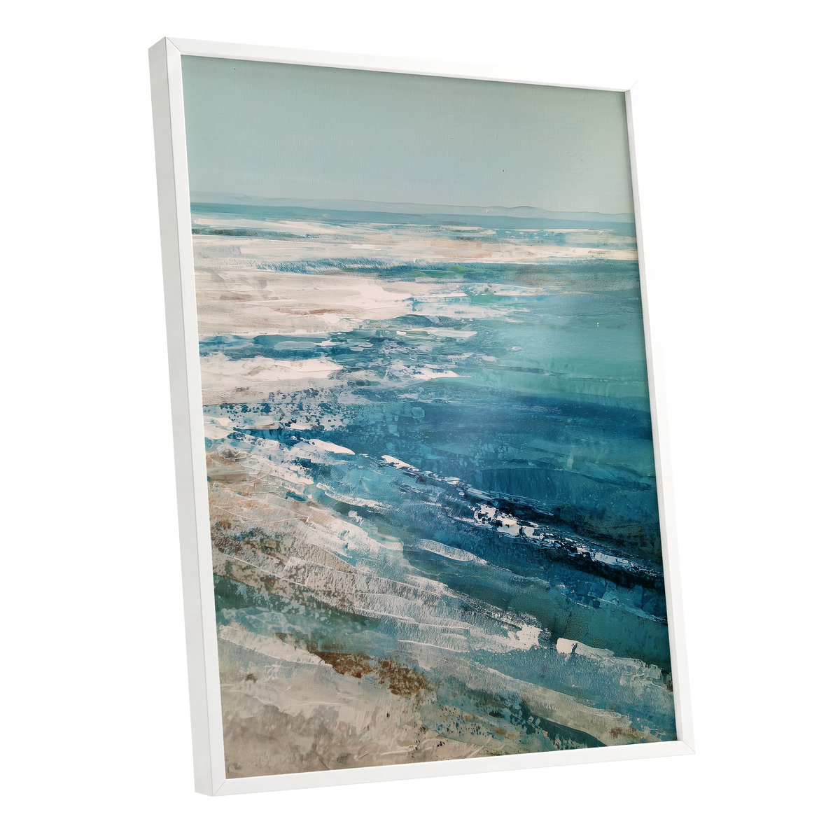 Tidal Stillness, blue, white, beige nature wall art shown as a white framed poster wall art print