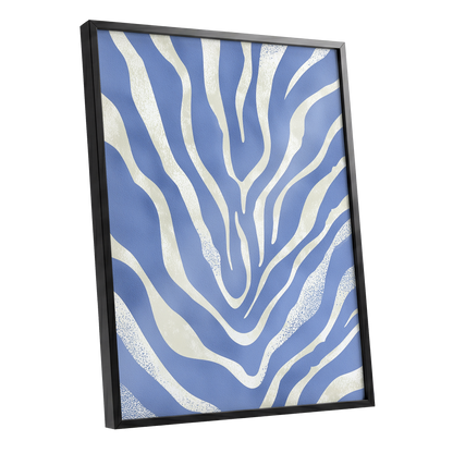 Tidal Stripes, blue, white, beige abstract wall art shown as a black framed poster wall art print