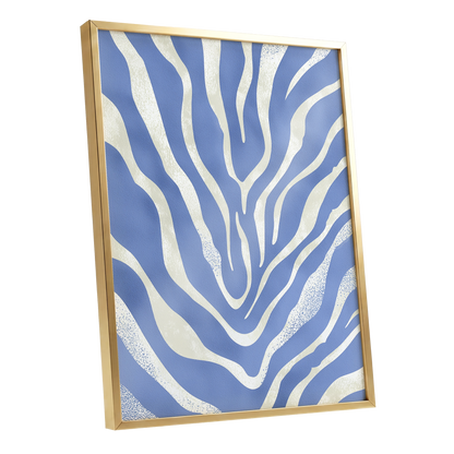 Tidal Stripes, blue, white, beige abstract wall art shown as a gold framed poster wall art print