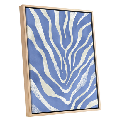 Tidal Stripes, blue, white, beige abstract wall art shown as a oak framed canvas wall art