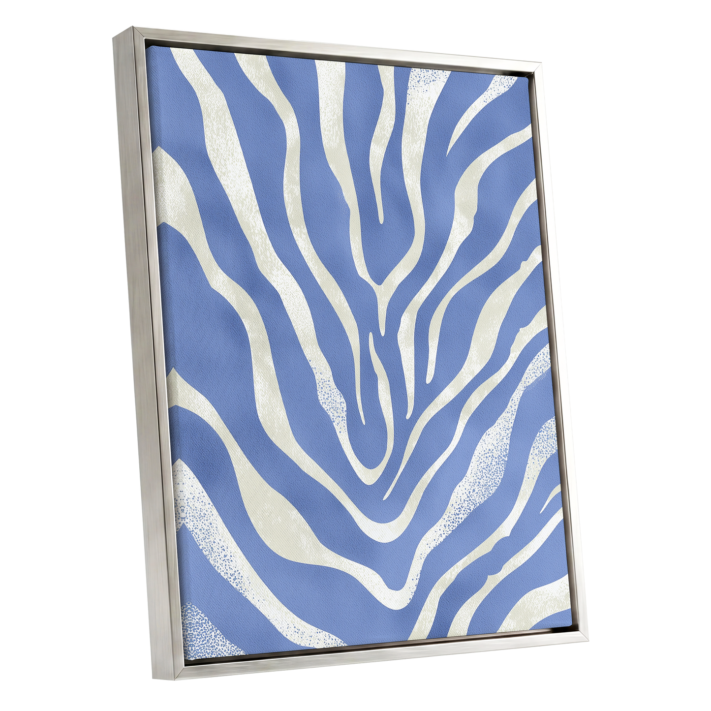 Tidal Stripes, blue, white, beige abstract wall art shown as a silver framed canvas wall art