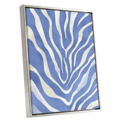 Tidal Stripes, blue, white, beige abstract wall art shown as a silver framed canvas wall art