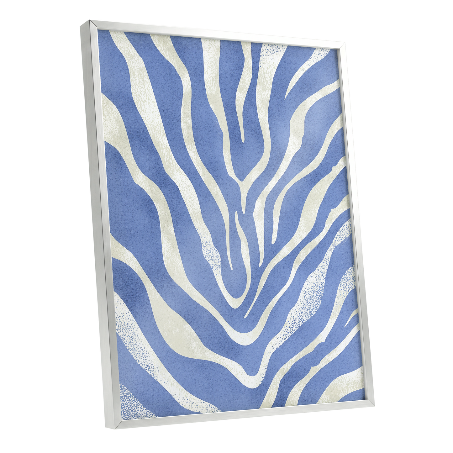 Tidal Stripes, blue, white, beige abstract wall art shown as a silver framed poster wall art print