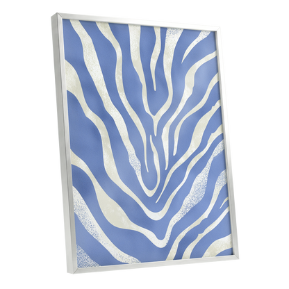 Tidal Stripes, blue, white, beige abstract wall art shown as a silver framed poster wall art print