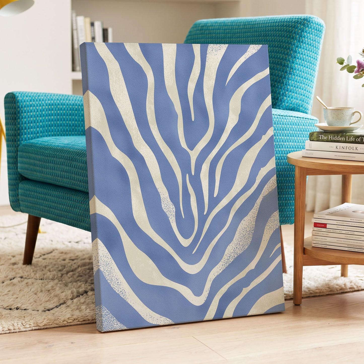 Tidal Stripes, blue, white, beige abstract wall art displayed in a styled interior, gallery view 3