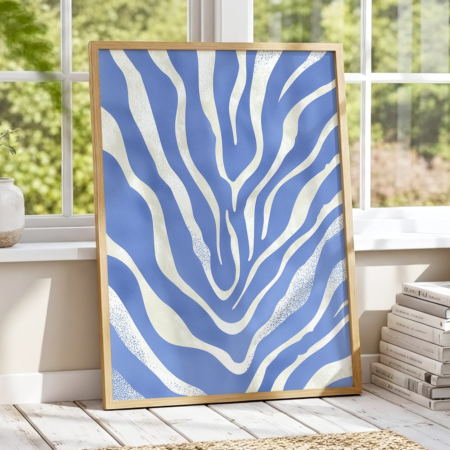 Tidal Stripes, blue, white, beige abstract wall art displayed in a styled interior, gallery view 9