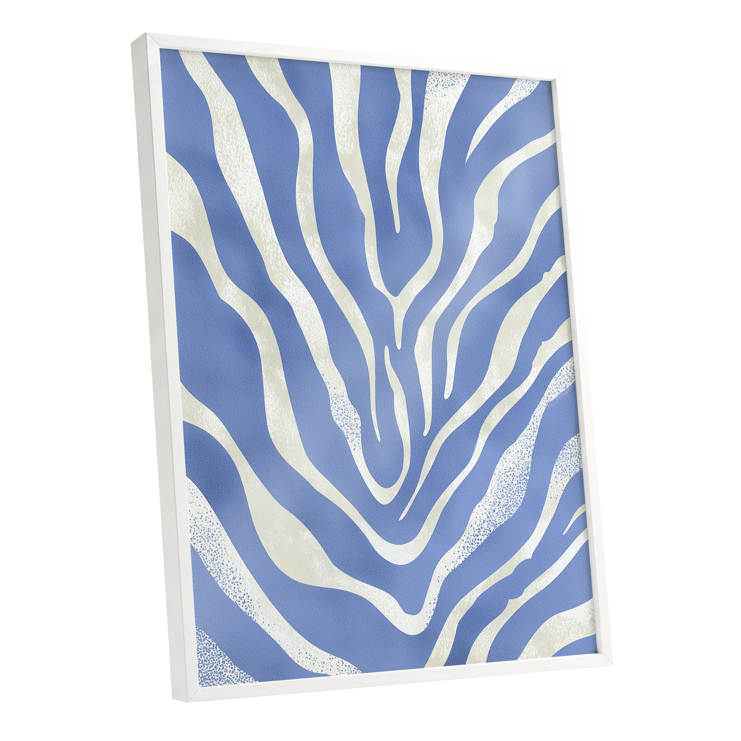 Tidal Stripes, blue, white, beige abstract wall art shown as a white framed poster wall art print