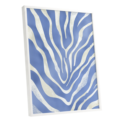 Tidal Stripes, blue, white, beige abstract wall art shown as a white framed poster wall art print