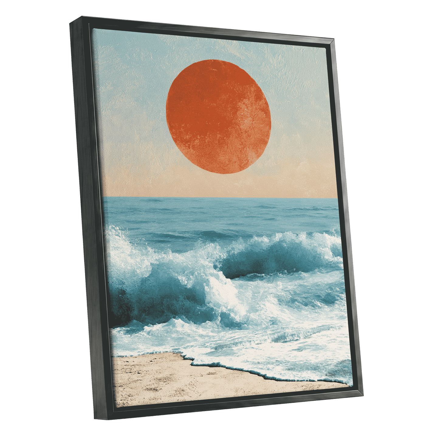 Tidal Sun, blue, white, beige nature wall art shown as a black framed canvas wall art