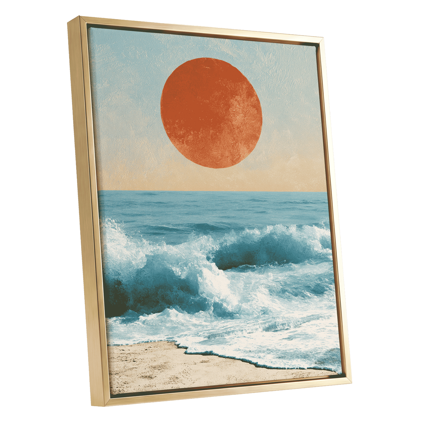 Tidal Sun, blue, white, beige nature wall art shown as a gold framed canvas wall art