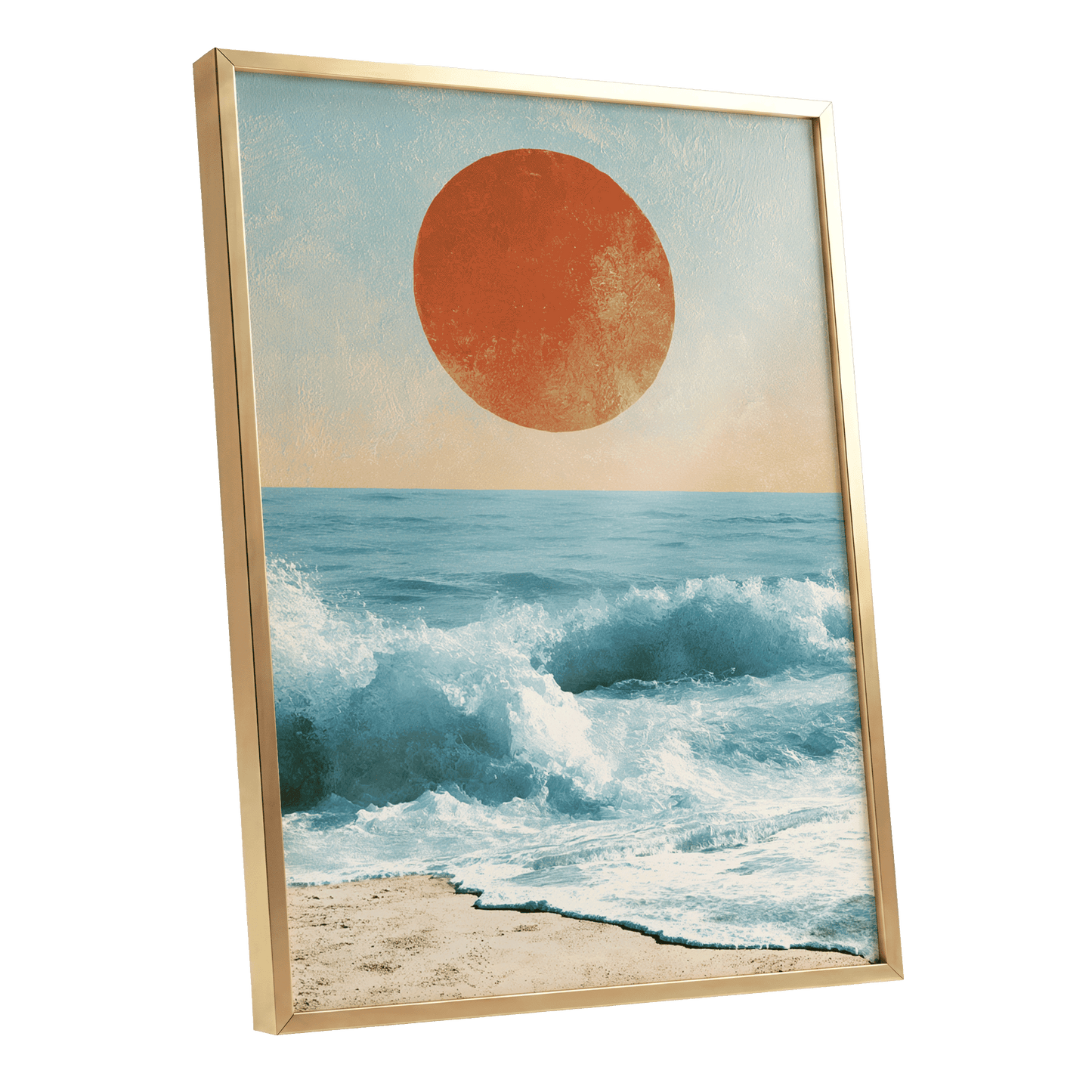 Tidal Sun, blue, white, beige nature wall art shown as a gold framed poster wall art print