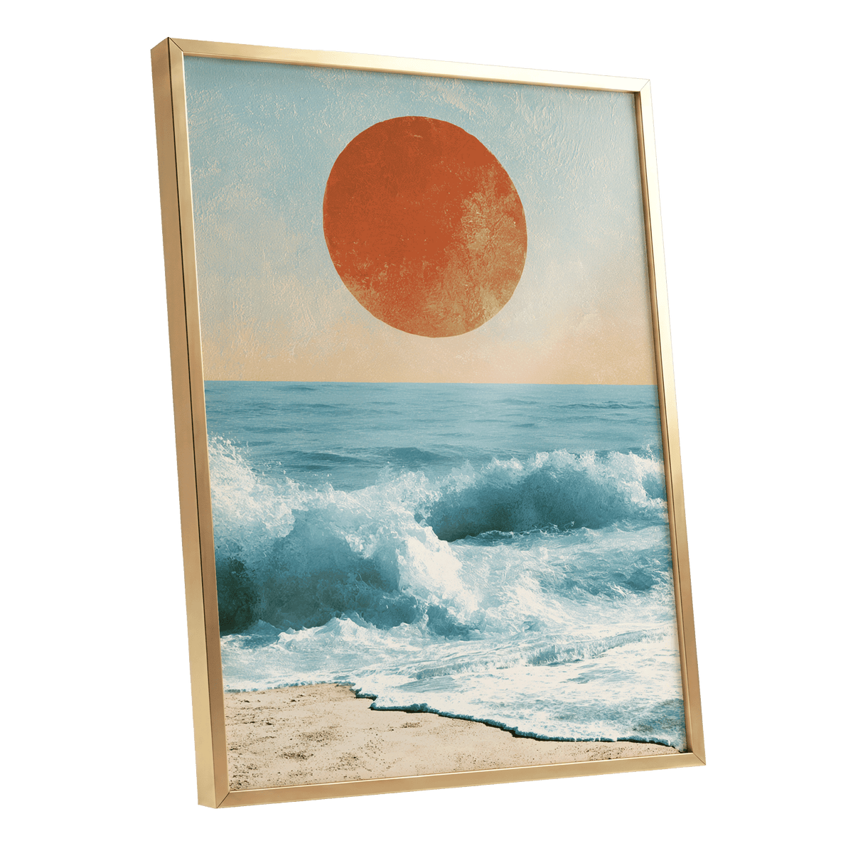 Tidal Sun, blue, white, beige nature wall art shown as a gold framed poster wall art print