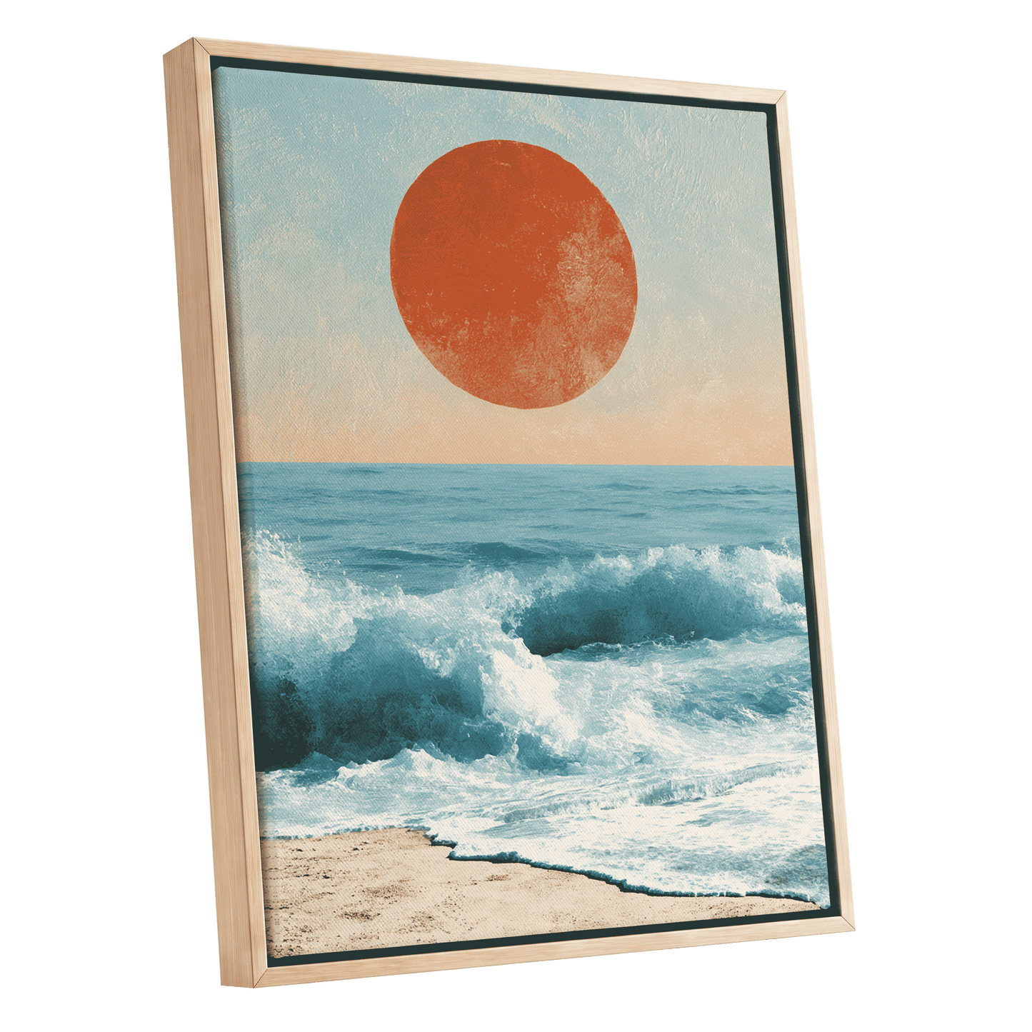 Tidal Sun, blue, white, beige nature wall art shown as a oak framed canvas wall art