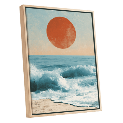 Tidal Sun, blue, white, beige nature wall art shown as a oak framed canvas wall art