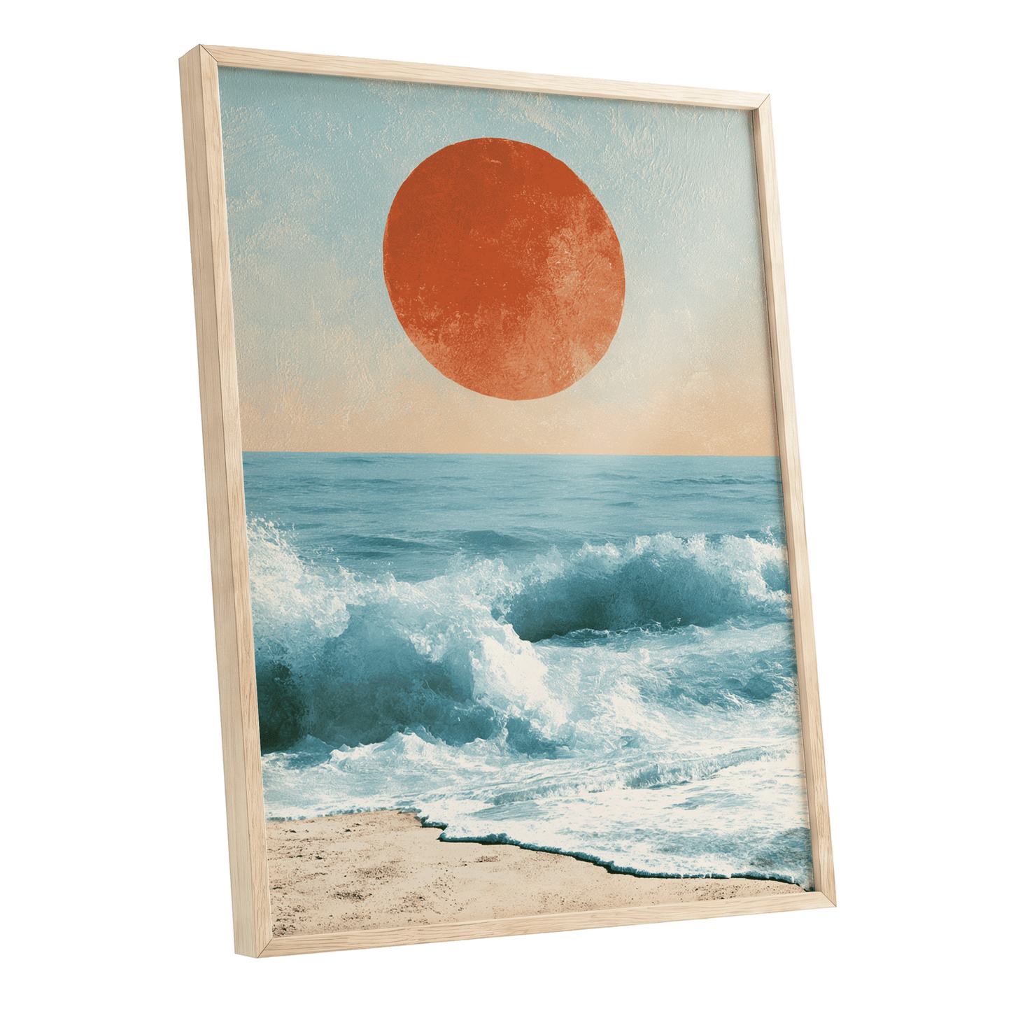 Tidal Sun, blue, white, beige nature wall art shown as a oak framed poster wall art print