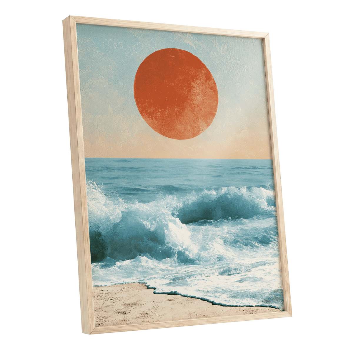 Tidal Sun, blue, white, beige nature wall art shown as a oak framed poster wall art print