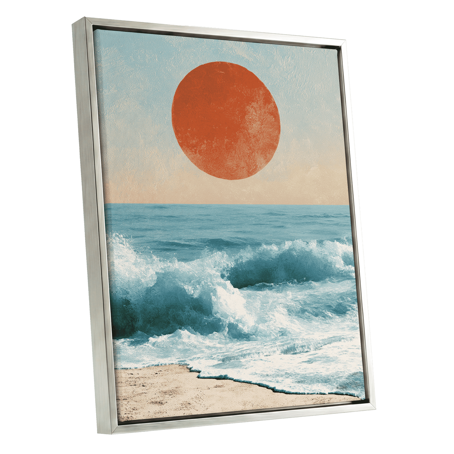 Tidal Sun, blue, white, beige nature wall art shown as a silver framed canvas wall art
