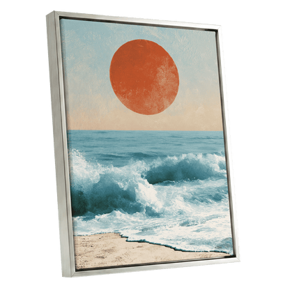 Tidal Sun, blue, white, beige nature wall art shown as a silver framed canvas wall art