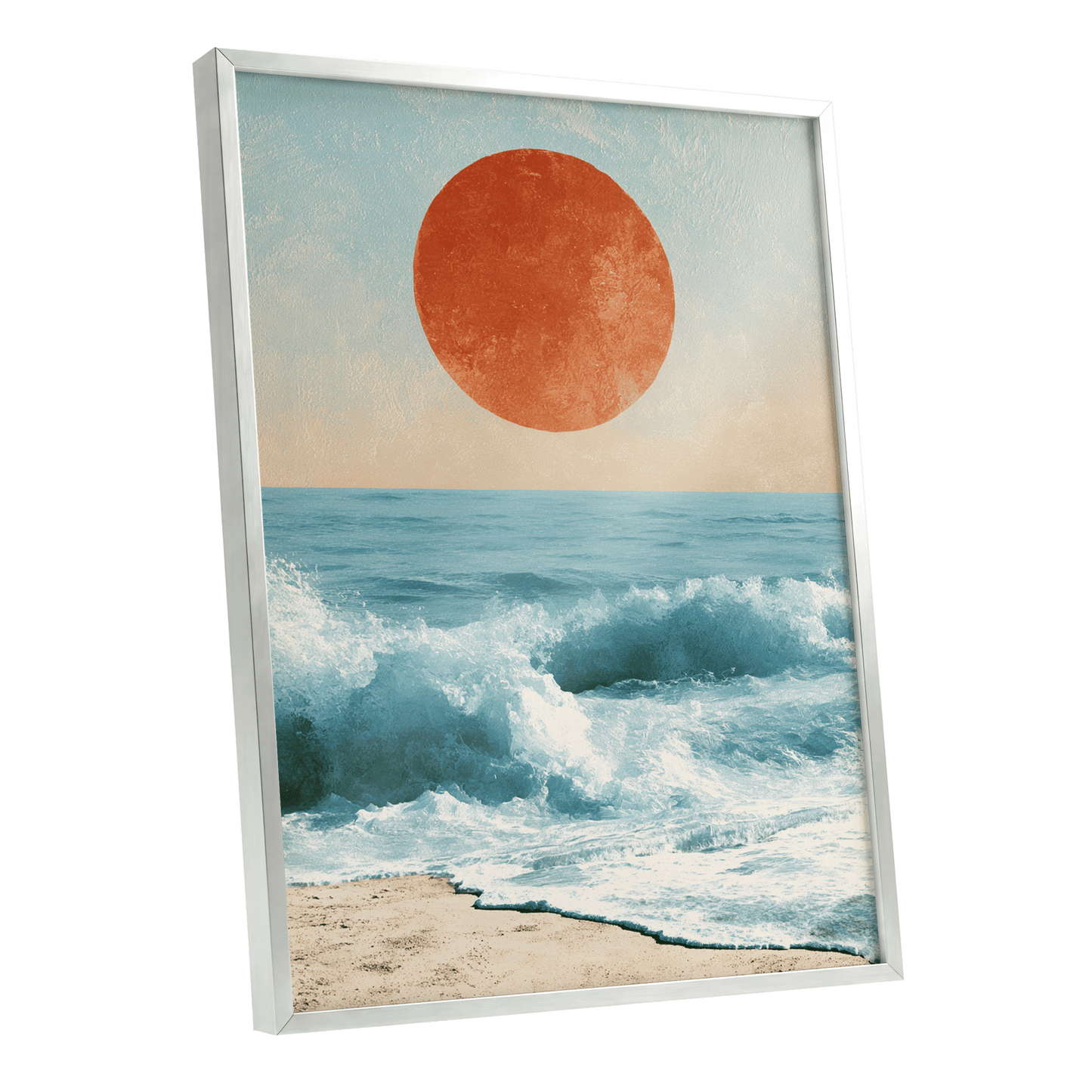 Tidal Sun, blue, white, beige nature wall art shown as a silver framed poster wall art print