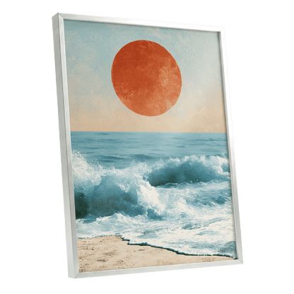 Tidal Sun, blue, white, beige nature wall art shown as a silver framed poster wall art print