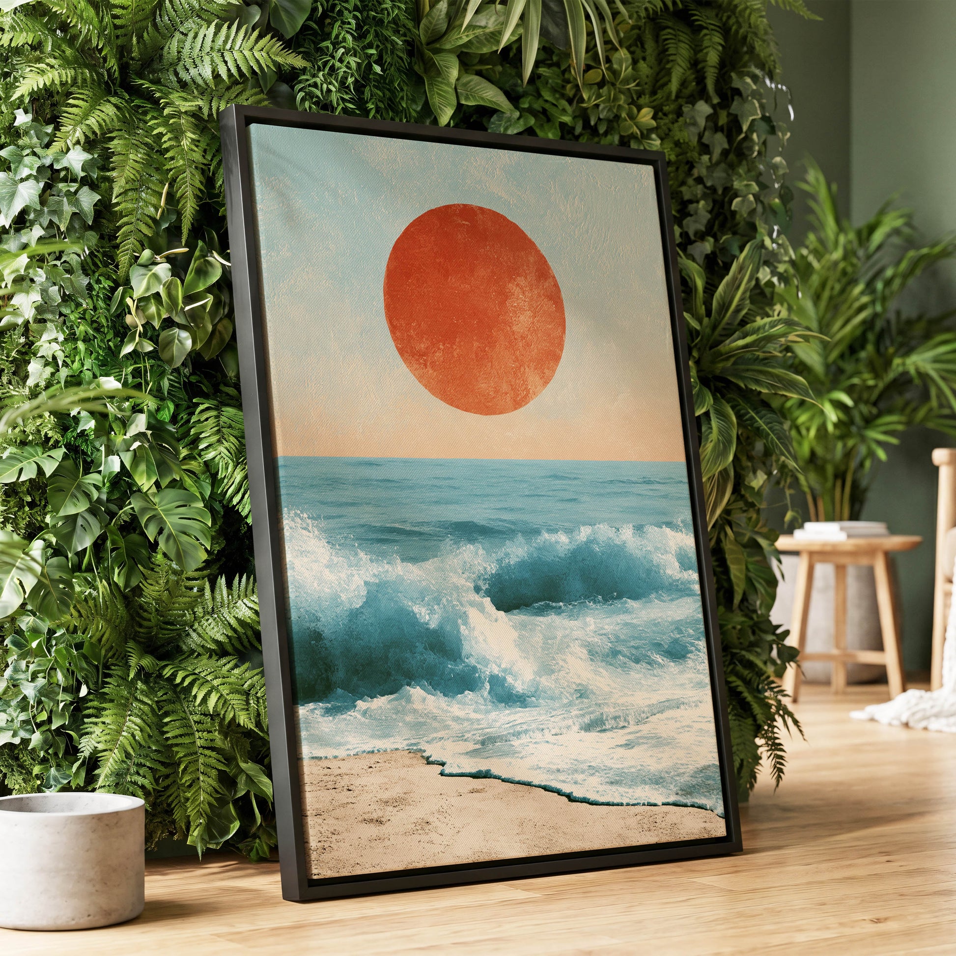Tidal Sun, blue, white, beige nature wall art displayed in a styled interior, gallery view 1
