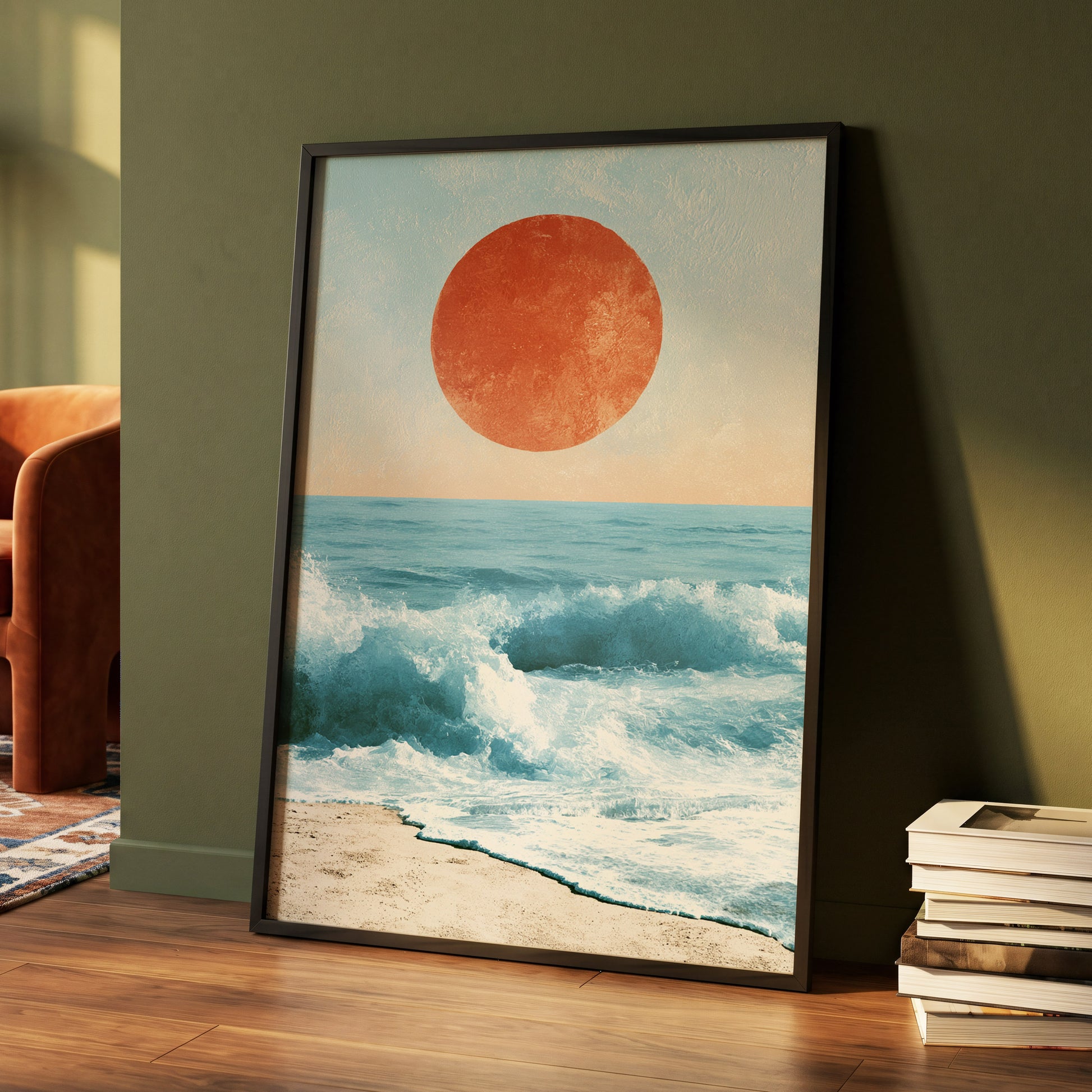 Tidal Sun, blue, white, beige nature wall art displayed in a styled interior, gallery view 4